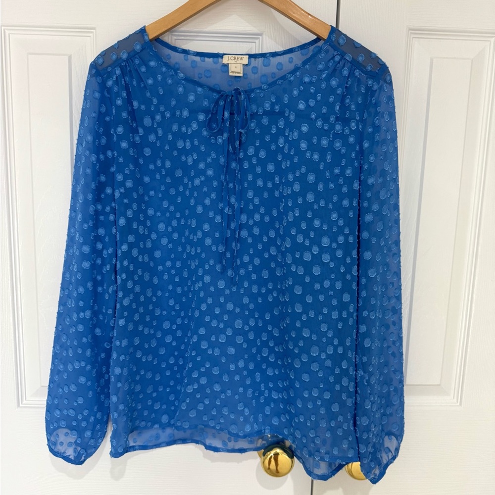 Small J. Crew Blue Sheer Polka Dot Blouse Semi Sheer Top
